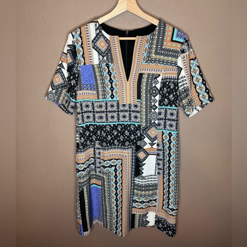 Nanette Lepore Patchwork Geometric Printed Dress with Pockets Size 10 Indie Boho